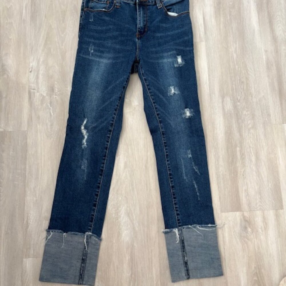 Monkey Ride Jeans - distressed cuffed straight leg jeans - size 7
